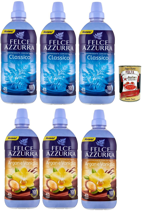 Felce Azzurra Ammorbidente Concentrato Pack De Test Classico Et Argan E Vaniglia, Adoucissant Concentré À Base D'argan Et De Vanille Et Classic 6 X 900 Ml + Italian Gourmet Polpa 400 G