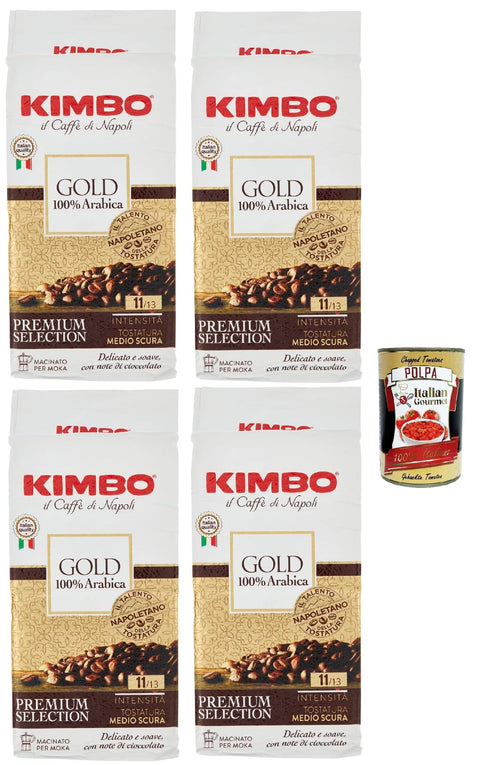 Kimbo Gold 100% Arabica, Caffe' Italiano, Caffè Macinato, Italian Café Moulu, Convient Pour Cafetière Moka, Lot De 4x 250 Gr + Italian Gourmet Polpa 400g