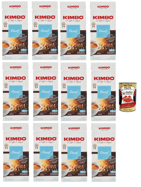 Kimbo Decaf Caffè Decaffeinato Italiano, Caffè Macinato, Café Décaféiné, Italian Café Moulu, Convient Pour Cafetière Moka, Lot De 12x 250 Gr + Italian Gourmet Polpa 400g
