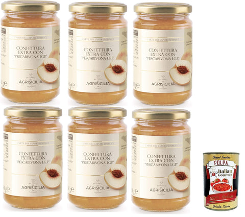 Agrisicilia Confetura Pescabivona I.G.P. Confiture Extra Avec « Pfirsich Of Bivona I.G.P. », Fruits Siciliens De Qualité Supérieure, Fabrication Artisanale, 3 X 360 G + Italian Gourmet Polpa 400 G