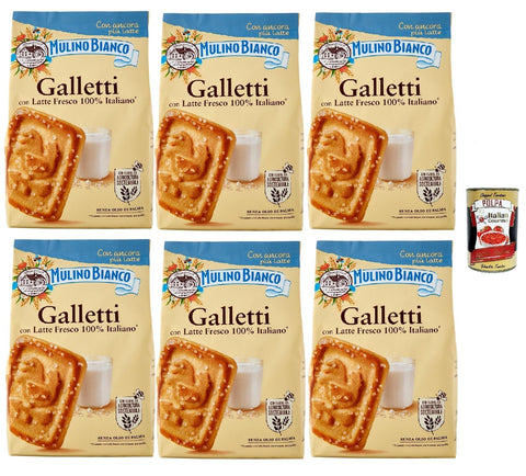 Mulino Bianco Galletti, Biscotti Con Latte Fresco 100% Italiano, Biscuits Au Lait Frais 100% Italien, Biscuits Cookies, 6x 350g + Italian Gourmet Polpa 400g
