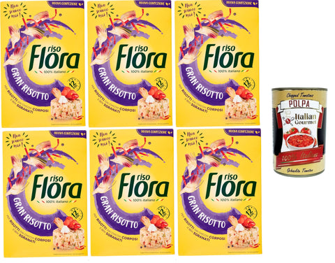 Flora Riso Gran Risotto Pour Risottos Aux Grains Corsés Et Bien Pelés 6 X 1 Kg + Italian Gourmet Polpa 400 G
