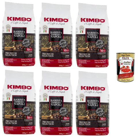 Kimbo Barista Espresso Napoli Caffè In Grani, Café En Grains Entier, Arabica 80%/Robusta 20%, Avec Des Notes De Pain Fraîchement Grillé Et De Chocolat Noir, 6x 250 G + Italian Gourmet Polpa 400g
