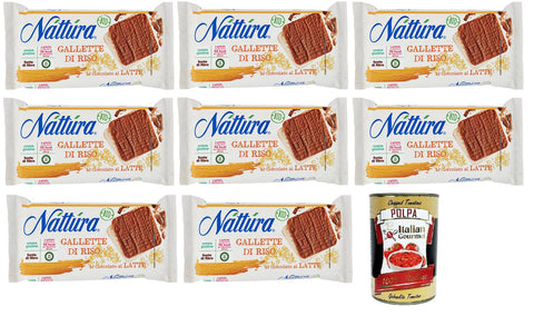 Náttúra Lot De 8 Gâteaux De Riz Bio Enrobés De Chocolat Au Lait, Snack Savoureux Et Sain, Excellente Source De Fibres, Sans Gluten, Paquet De 90 G + Boîte Italienne Gourmet Polpa Di Pomodoro 400 G