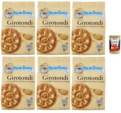Mulino Bianco Girotondi, Biscotti Con Granelli Di Zucchero Di Canna, Biscuits Saupoudrés De Sucre Brun, 6x 350g + Italian Gourmet Polpa 400g