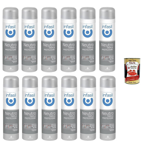 Infasil Déodorant En Spray Neutre Triple Protection, Protection Et Efficacité Contre La Transpiration Et Les Mauvaises Odeurs, Déodorant 12 X 150 Ml + Italian Gourmet Polpa 400 G