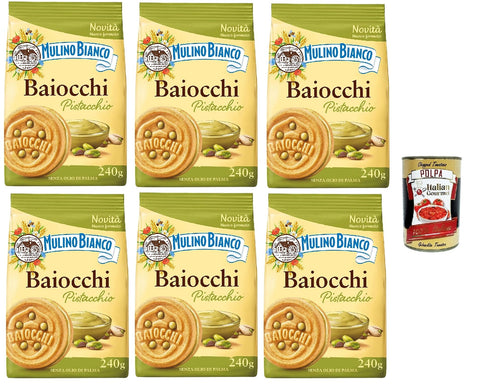 Italian Gourmet E.R. Mulino Bianco Baiocchi Pistacchio Lot 6 Biscuits À La Pistache Et Pâte Brisée,Idéal Le Petit Déjeuner Ou Le Goûter,Sans Huile Palme 240g + Boîte Italienne Polpa Di Pomodoro 400g