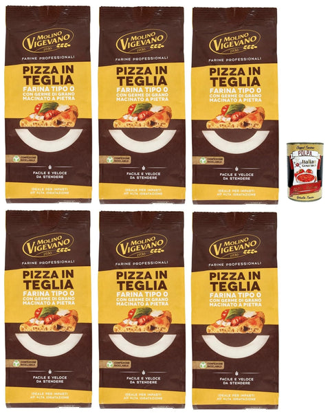 Molino Vigevano Farine Professionali Pizza En Teglia, Type De Farine « 0 » Pour Pizzas Dans La Poêle, Farine Professionnelle 6 X 500 G + Italian Gourmet Polpa 400 G