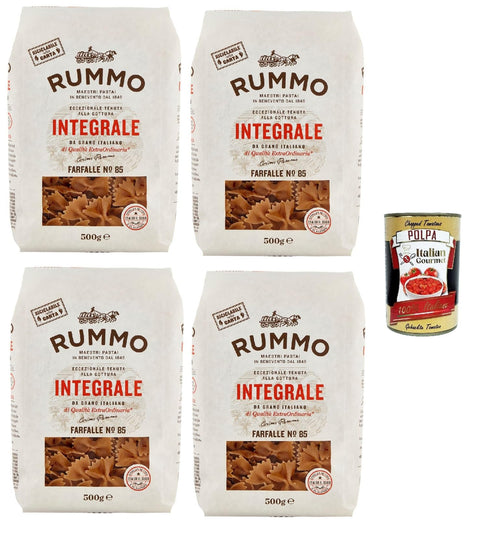 Rummo Pasta Integrale Farfalle Integrali N° 85, Italiennes Pasta Italian Noodles, Lot De 4 Pâtes À Grains Entiers, 500 G + Italian Gourmet Polpa 400g