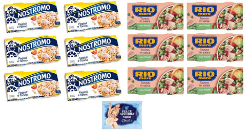 Rio Mare Lot De 12 Paquets De Test Pour Thon Et Pois + Thon Et Haricots Nostromo 2 X 150 G + 1 Sachet De Talc Felce Azzurra 100 G