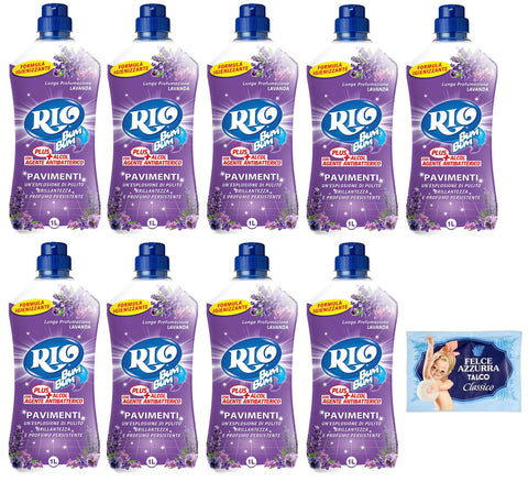 Rio Bum Pavimenti Lot De 9 Nettoyants Pour Sols Avec Alcool, Parfum Lavande, 1 L + 1 Paquet De Talc Felce Azzurra Gratuit, Sachet De 100 G