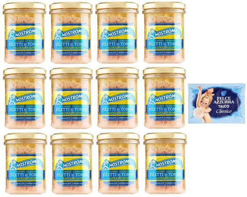 Nostromo Filetti Di Tonno All'olio Di Oliva Lot De 12 Filets De Thon À L'huile D'olive, Verre De 180 G + 1 Sachet De Talc Felce Azzurra Gratuit 100 G
