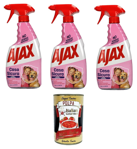 Ajax Casa Sicura Pets Lot De 3 Sprays Détergentes Multi-Surfaces Sans Résidus Pour Animaux De Compagnie, Nettoyant Sans Résidus Pour Plusieurs Surfaces, 3 X 600 Ml + Italian Gourmet Polpa Di Pomodoro