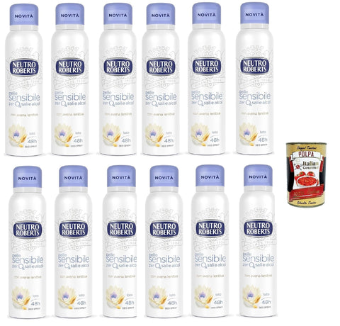 Neutro Roberts Avena Déodorant En Spray Pour Peaux Sensibles À L'avoine Et À La Fleur De Lotus, Efficace 48 Heures, Sans Sels Ni Alcool, 12 X 150 Ml + Italian Gourmet Polpa 400 G