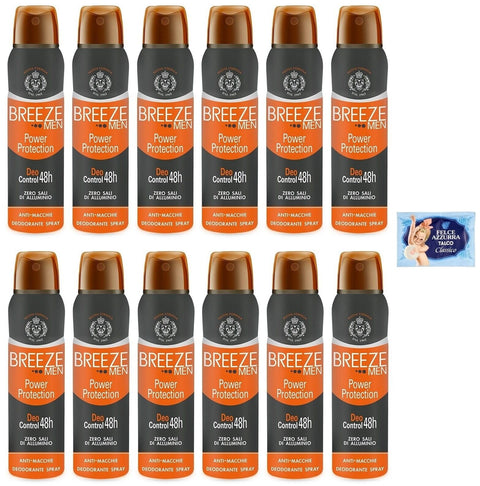 12 X Breeze Déodorant Spray Man Power Protection, Zéro Taches Sur La Peau, 0 % Sels D'aluminium 150 Ml + 1 Enveloppe De Talc Fougère Bleue Offerte De 100 G