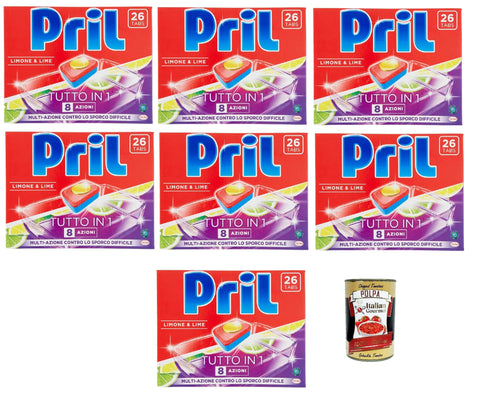 Pril Tablettes De Lessive Tout-En-Un Au Citron Et Citron Vert Pour Lave-Vaisselle Déjà À 40 °C, 8 Actions, 7 X 26 Tablettes + Italian Gourmet Polpa 400 G