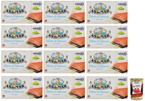As Do Mar Filetto Di Salmone Al Naurale Lot De 12 Filets De Saumon Naturels Riches En Oméga 3 Boîte De 150 G + Boîte Italienne Gourmet Polpa Di Pomodoro 400 G