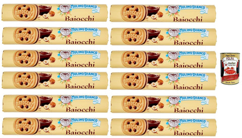 Mulino Bianco, Biscotti Baiocchi Farciti Con Crema Alla Nocciola E Cacao, Biscuits Farcis De Crème Noisette Et De Cacao, Tubo 12x 168 + Italian Gourmet Polpa 400g