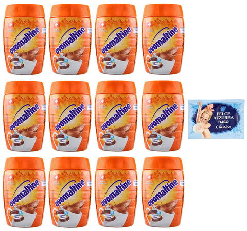 Ovomaltine Lot De 12 Boissons En Poudre Contenant Du Malt Goût Cacao 400 G + 1 Paquet De Talc Felce Azzurra Gratuit, Sachet De 100 G