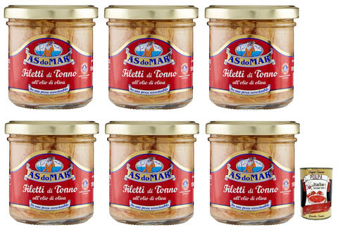 As Do Mar Filetti Di Tonno All'olio Di Olio Di Olio Di Oliva Lot De 6 Filets De Thon À L'huile D'olive, Verre De 150 G + Boîte Italienne Gourmet Polpa Di Pomodoro 400 G