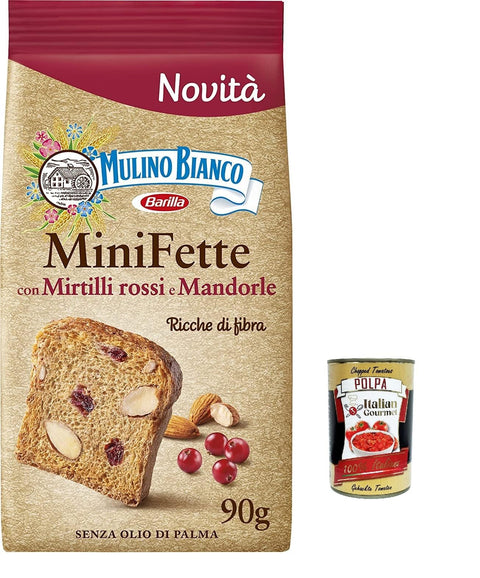 Mulino Bianco Lot De 12 Mini Graisses Aux Canneberges Et Amandes Avec Farine De Blé Entier, Riches En Fibres, Biscottes Complètes Sans Huile De Palme 90 G + Polpa Italien Gourmet 400 G