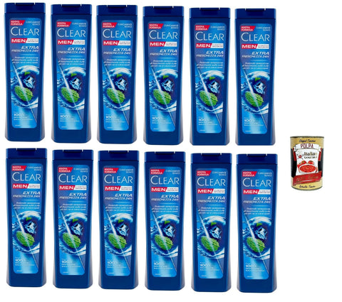 Clear Extra Freschezza 24h Shampooing Pour Homme Pour Tous Les Types De Cheveux Et De Cuir Chevelu – Shampooing Extra Frais, Produit De Qualité Supérieure, 12 X 225 Ml + Italian Gourmet Polpa 400 G