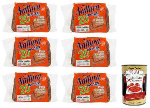 Náttúra Protein Sport Pane Di Segale Integrale Lot De 6 Pains De Seigle Entiers Bio Avec Protéines De Blé, Graines De Lin Et Soja, Paquet De 250 G + Boîte Italienne Gourmet Polpa Di Pomodoro 400 G