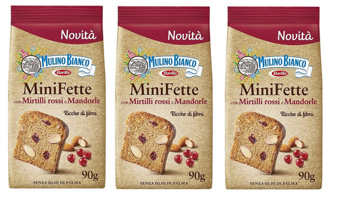 3 X Mulino Bianco Mini Graisses Biscottate Con Farina Intégrale, Mirtilli Rossi, Mandorle E Semi Di Girasole Biscottes Avec Farine Complète, Canneberges, Amandes Et Graines De Tournesol 90 G