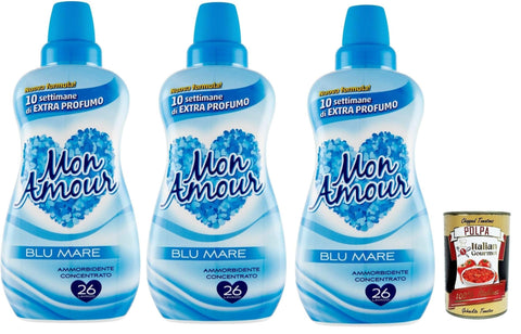 Lot De 3 Flacons D'adoucissant Concentré Felce Azzurra Mon Amour Blu Mare - 26 Lavages - 650 Ml + Italian Gourmet Polpa 400