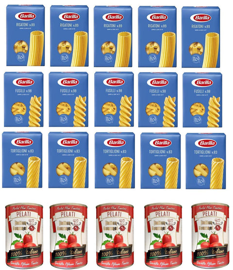 Lot De 5 Boîtes De 400 G De Pâtes, Rigatoni N° 89, 5 Boîtes De Tomates Écortées Barilla Fusilli N° 98, 5 Boîtes De 400 G