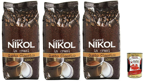 Caffe' Nikol In Grani Gusto Classico Busta, Café En Grains Entier, Italian Café, 3x 1kg + Italian Gourmet Polpa 400g