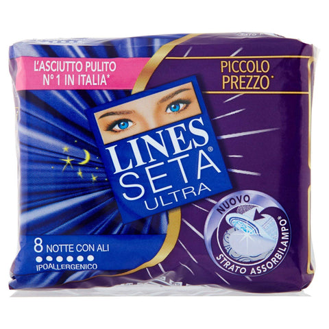 Lines Assorbenti Seta Ultra Notte Ali 8 Pzdla Gamma Di Assorbenti Che Offre L'asciutto Pulito N°1 En Italie, Grazie Alla Tecnologia Instant Dry.
