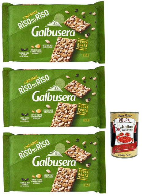 Galbusera Risosuriso Croccantezza Integral - Crackers Friables Avec Grains Croustillants 100 % Riz Soufflé Italien - 3 X 380 G + Polpa Italian Gourmet 400 G