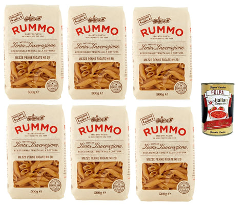 Rummo Mezze Penne Rigate N° 28, Durum Pâtes Sémoraires, Italiennes Pasta Italian Noodles 6x 500 G Pack + Italian Gourmet Polpa Di Pomodoro 400 G