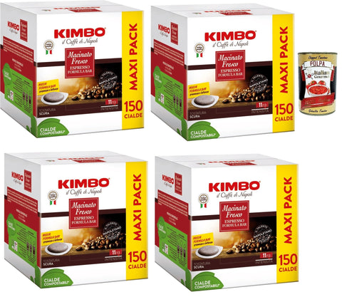 Kimbo Macinato Fresco, Maxi Pack, Espresso Formula Bar, 150 Cialde Ese 44mm, 4x Box Lot De 150 Dosettes De Café + Italian Gourmet Polpa 400g