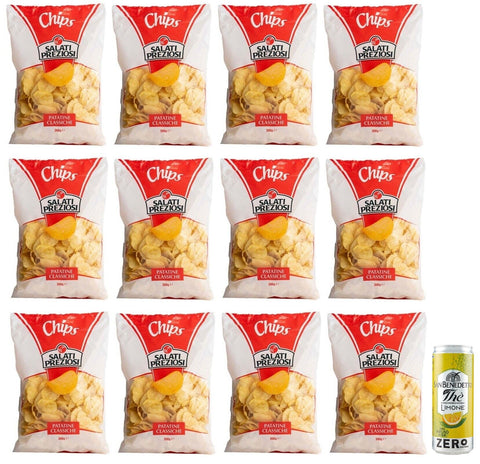 Salati Preziosi Lot De 12 Chips De Pommes De Terre Patatine Classique, Sachets De 300 G + 1 Sachet De Thé Glacé San Benedetto Au Citron Sans Sucre Boîte De 330 Ml