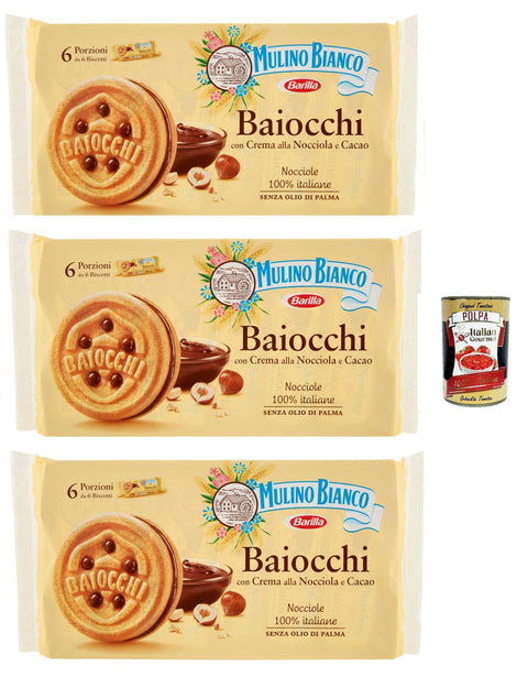 Mulino Bianco, Biscotti Baiocchi Farciti Con Crema Alla Nocciola E Cacao, Biscuits Farcis De Crème Noisette Et De Cacao, Pack De Familles 3x 260 + Italian Gourmet Polpa 400g