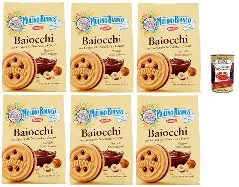 Mulino Bianco, Biscotti Baiocchi Farciti Con Crema Alla Nocciola E Cacao, Biscuits Farcis De Crème Noisette Et De Cacao, 6x 260 + Italian Gourmet Polpa 400g