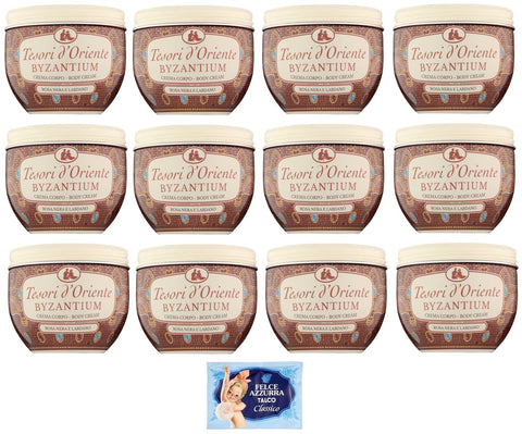 Tesori D'oriente Crema Corpo Byzantium Lot De 12 Crèmes Pour Le Corps À La Rose Noire Et Au Labdanum 300 Ml + 1 Sachet De Talc Felce Azzurra 100 G