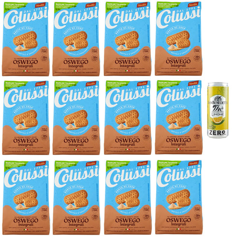 Colussi Biscotti Oswego Integrali Lot De 12 Biscuits Entiers Avec Sucre Brun Et Farine De Céréales, Sachet De 450 G + 1 Sachet De Thé Glacé San Benedetto Au Citron Sans Sucre 330 Ml