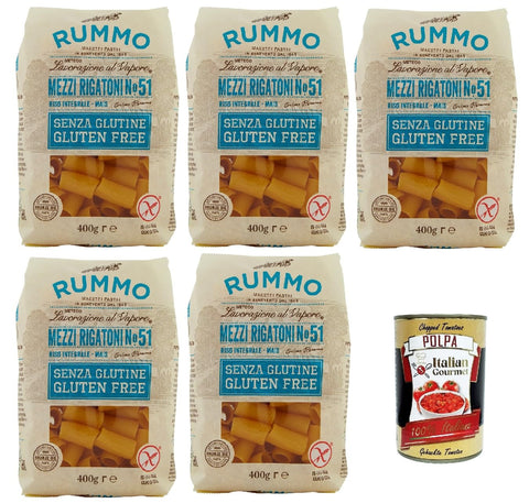 Rummo Mezzi Rigatoni N° 51 Lot De 5 Paquets De Pâtes Sans Gluten, Sans Gluten, En Bronze, Idéales Pour Les Personnes Souffrant De La Maladie Cœliaque Ou D'intolérance Au Gluten, 5 X 400 G + Italian