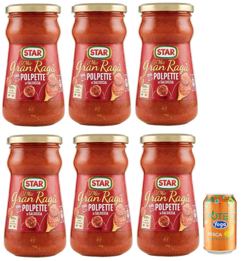 Rummo Star Il Mio Gran Ragu' Con Polpette Di Salsiccia Lot De 6 Sauce Tomate Avec Porc Et Boulettes De Viande De Viande, Verre De 360 G + 1 Boîte De Thé Glacé Yoga À La Pêche 330 Ml