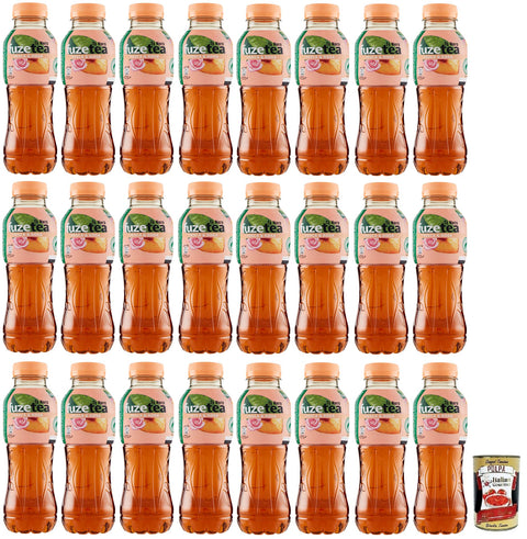 Fuze Tea Pesca Lot De 24 Sachets De Thé Noir Glacé À La Pêche Et Aux Roses, Boisson Rafraîchissante, Sans Alcool, En Pet Jetables De 400 Ml + Italian Gourmet Polpa Di Pomodoro En Boîte De 400 G