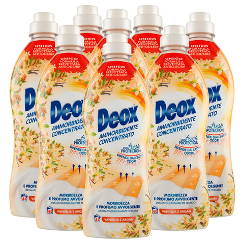 Deox - Adoucissant Machine À Laver Concentrée, Vêtements Doux Et Parfumés, Avec Technologie Fresh Protection, Parfum Vanille Et Argan, 45 Lavages X 8 Paquets