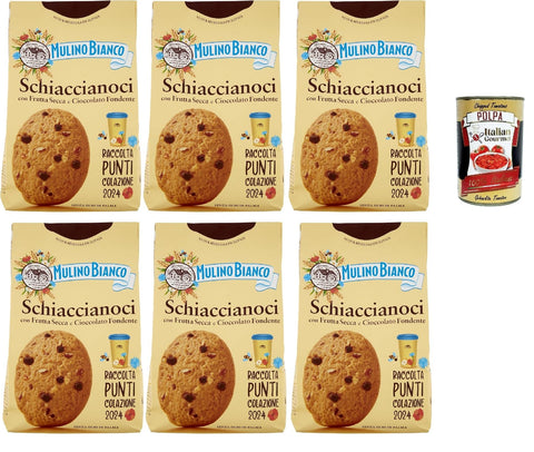 Mulino Bianco Biscotti Frollini Schiaccianoci Con Frutta Secca E Cioccolato Fondente, Biscuits Avec Des Fruits Secs Et Du Chocolat Noir, Sans Huile De Palme, 6x 300g + Italian Gourmet Polpa 400g
