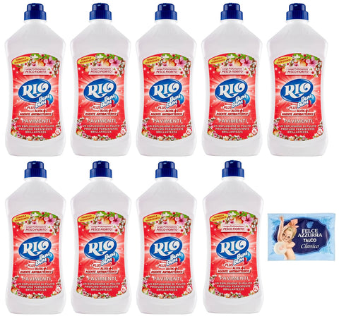Rio Bum Pavimenti Lot De 9 Nettoyants Pour Sols Avec Alcool, Parfum Fleur De Pêche, 1 L + 1 Sachet De Talc Felce Azzurra Gratuit, Sachet De 100 G