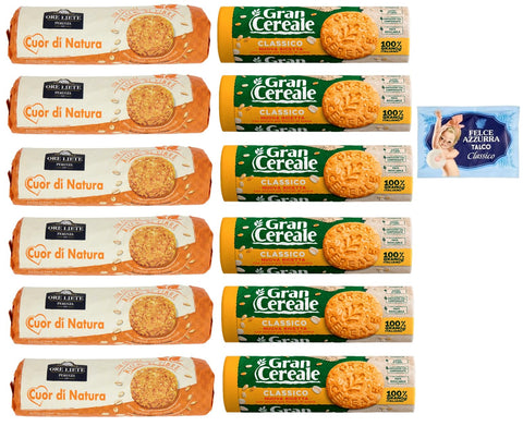Biscotti Cereali Ore Liete Gran Cereale Lot De 12 Biscuits Avec Céréales, Emballés Dans Un Tube De 250 G + 1 Sachet De Talc Felce Azzurra 100 G