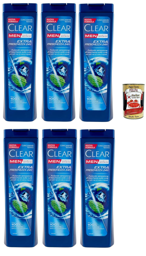 Clear Extra Freschezza 24h Shampooing Pour Homme Pour Tous Les Types De Cheveux Et De Cuir Chevelu – Shampooing Extra Frais 6 X 225 Ml + Italian Gourmet Polpa 400 G