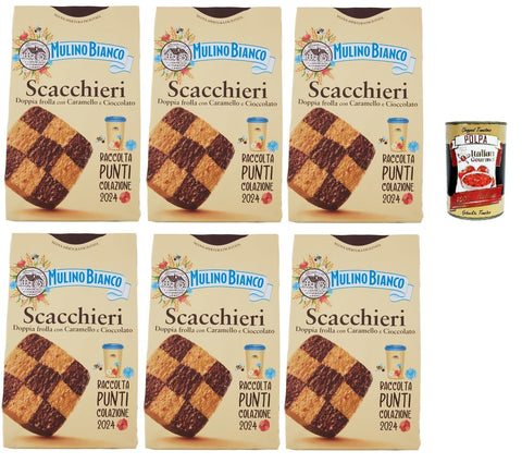 Mulino Bianco Biscotti Scacchieri Frolla Con Caramello E Cioccolato, Biscuits Au Caramel Et Au Chocolat, Biscuits Cookies, 6x 300g + Italian Gourmet Polpa 400g