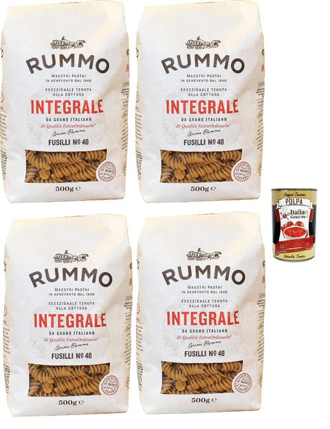 Rummo Pasta Integrale Fusilli Integrali N° 48, Italiennes Pasta Italian Noodles, Lot De 4 Pâtes À Grains Entiers, 500 G + Italian Gourmet Polpa 400g